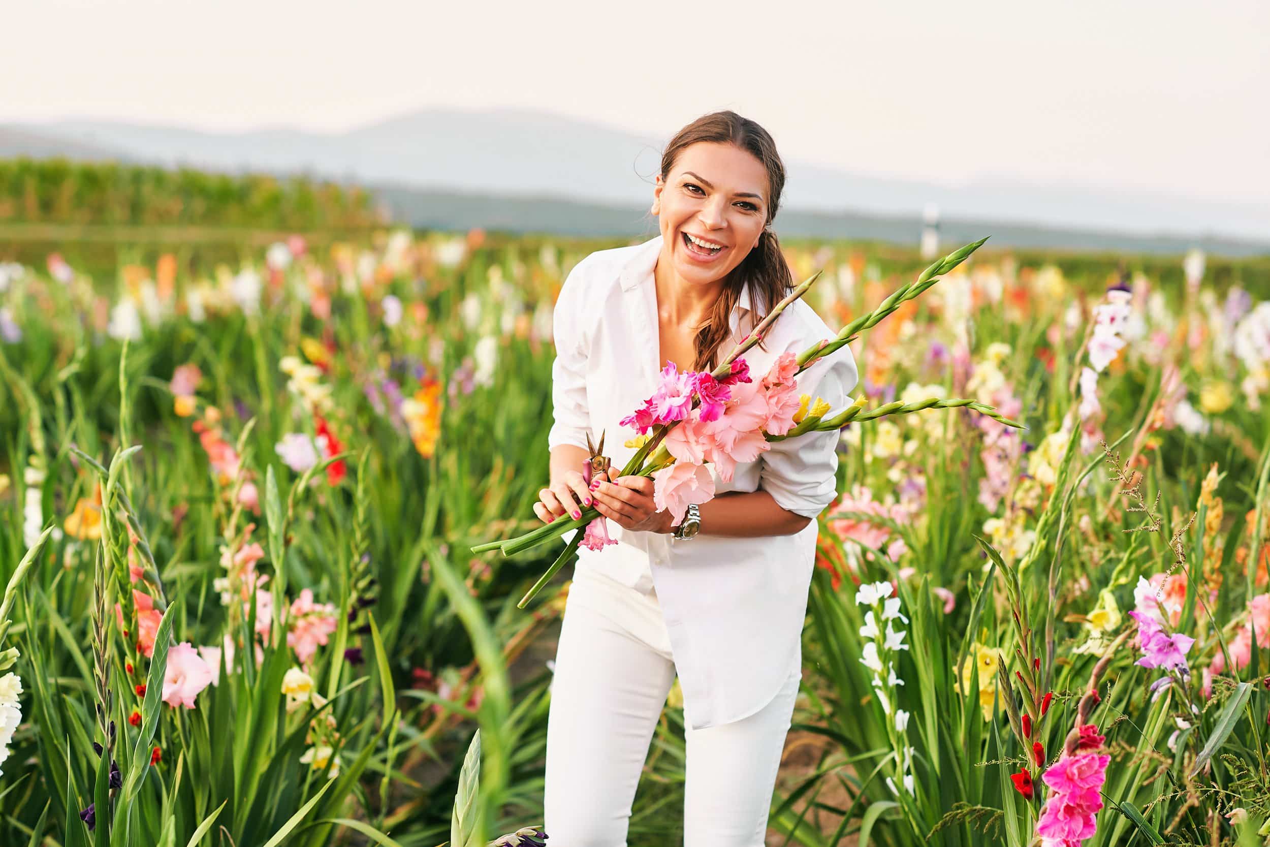 Joyful woman indulging in her hobby, cutting gladiolus on a vibrant flower farm